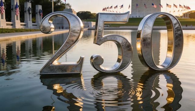 Metallic 250 numerals reflecting in memorial pool at sunrise with ripple and flags