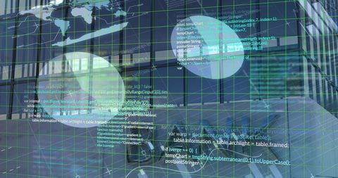 Augmented glass facade projecting holographic data grid, code streams and world map