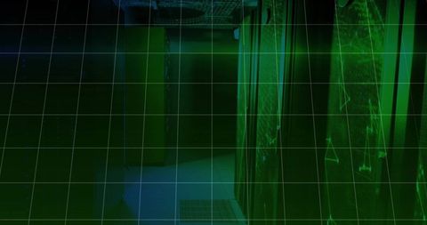 Green overlay skyline in data center with server racks and cables