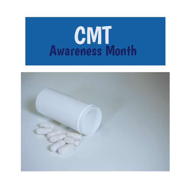 Composition of cmt awareness month text with pills on white background. Cmt awareness month and celebration concept digitally generated image.