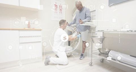 Kneeling clinician examining patient lower leg on mat with digital hud medical overlay