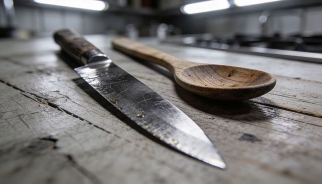 Rustic chef knife and wooden spoon resting on worn wooden block reflecting kitchen light