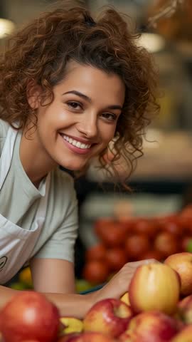 Smiling vendor presenting fresh apples at farmers market vertical video for retail ads