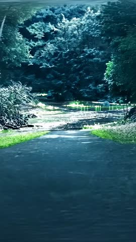 Advancing along damp forest trail toward glowing green algae pond at twilight vertical video