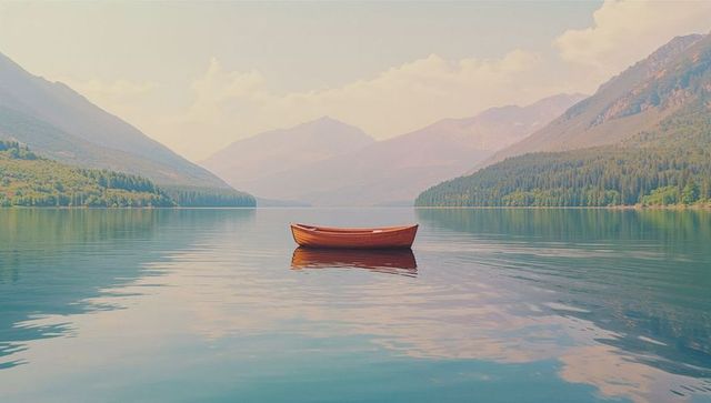 Solitary Canoe Floating on Serene Mountain Lake