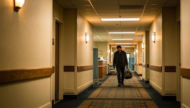Middle-aged man walking hospital corridor carrying duffel bag, solitary visitor returning at night