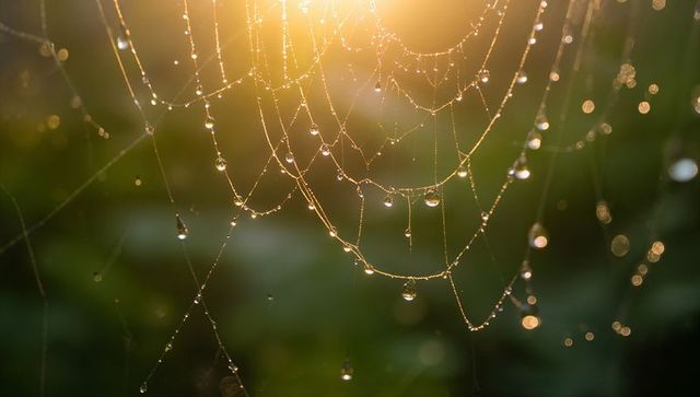 Dew-laden spider web glistening in golden morning backlight with sparkling droplets