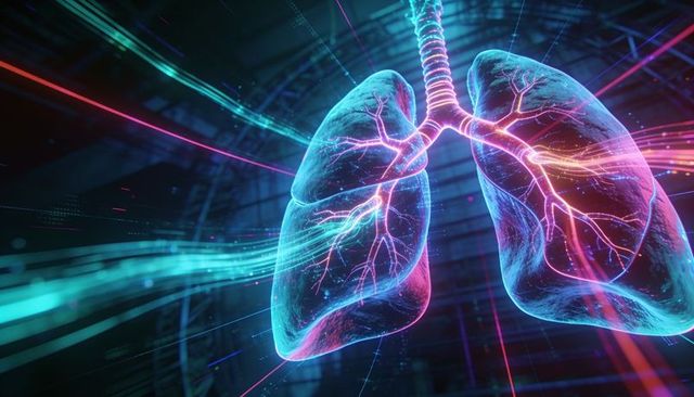 Glowing translucent lungs highlighting trachea and bronchi with neon filaments in virtual 3d lab