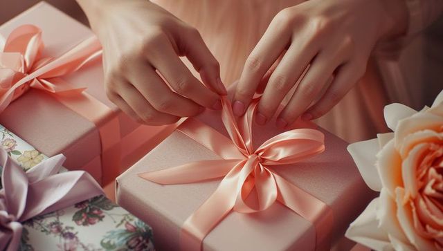 Hands tying ribbon bow on elegant pastel gift box