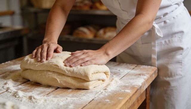 Artisan baker folding dough on floured wooden table, hands shaping rustic bread