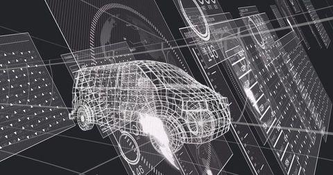 Wireframe SUV undergoing diagnostic scan with HUD telemetry and engineering data overlay