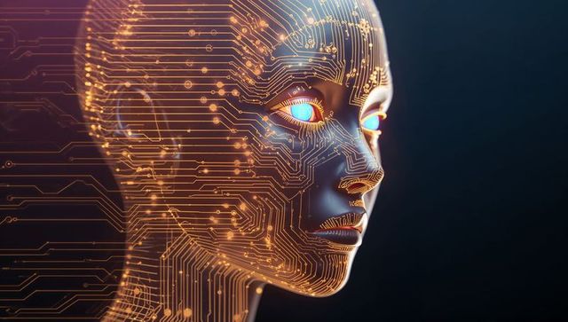 Gazing Synthetic Humanoid Head with Golden Circuitry and Cyan Eyes, Futuristic AI Portrait