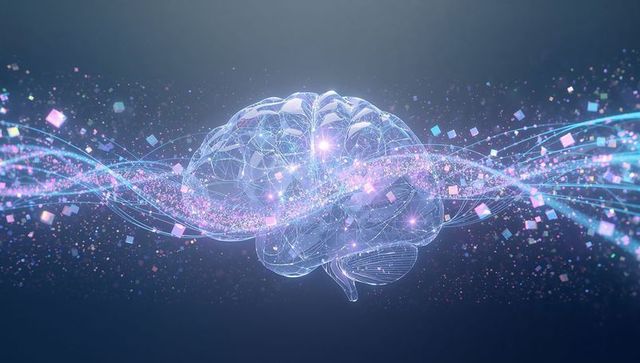 Floating translucent wireframe brain with glowing neural nodes and streaming data ribbons