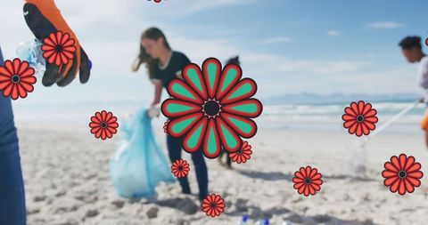 Volunteers engaging in beach clean-up with floral overlay