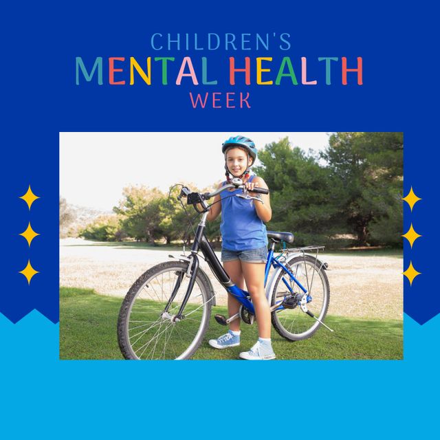 Composition of children's mental health week text and girl on bike. Children's mental health week, childhood and mental health awareness concept digitally generated image.