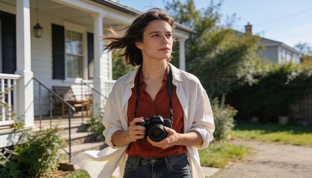 Female photographer holding dslr on sunlit porch wearing rust shirt and jeans