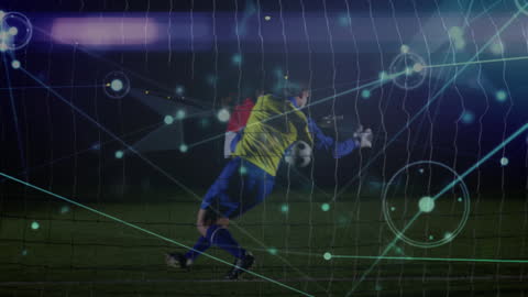 Dynamic Soccer Goalkeeper with Futuristic Digital Overlay