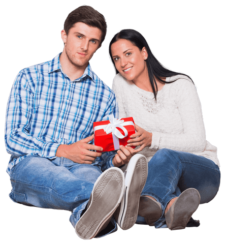 Romantic caucasian couple holding present on transparent background