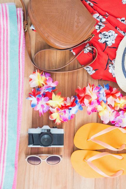 Flat lay of tropical beach vacation essentials including a camera, sunglasses, flip flops, lei, towel, hat, and floral dress. Ideal for travel blogs, summer vacation promotions, and holiday planning materials.
