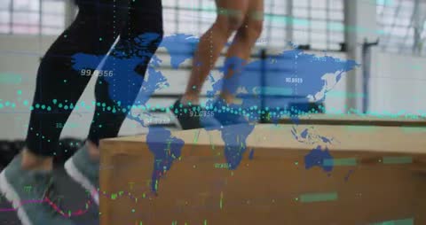 Partners performing plyometric box step-jumps with global data overlay tracking reps and metrics