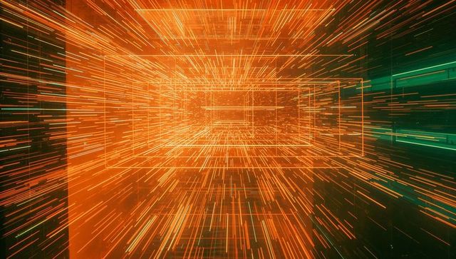 Futuristic neon digital corridor with glowing portal