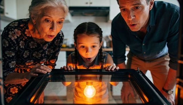 Multigenerational family peering into oven light while child discovers warm kitchen glow