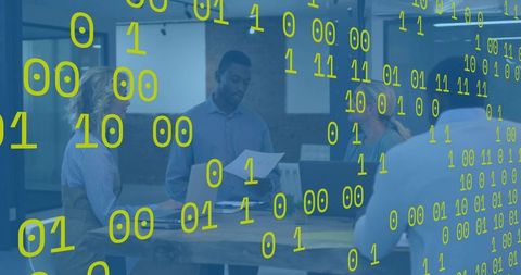 Presenting team leader guiding collaboration with binary data overlay in modern office
