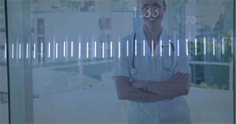 Healthcare Professional in Lobby with Innovative Digital Interface