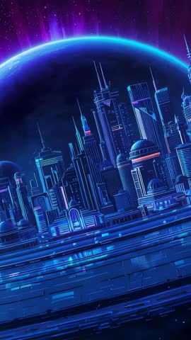 Vertical Video Revealing Rotating Ring-City Orbiting Planet with Pulsing Neon Auroras