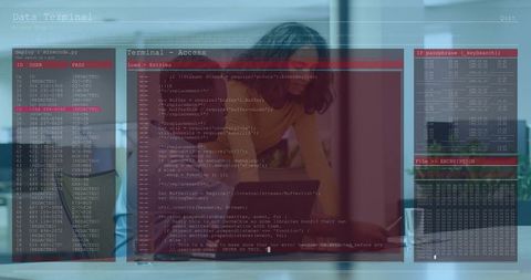 Woman Leaning Over Laptop Coding with Terminal Overlay at Modern Office Desk Coffee Cup