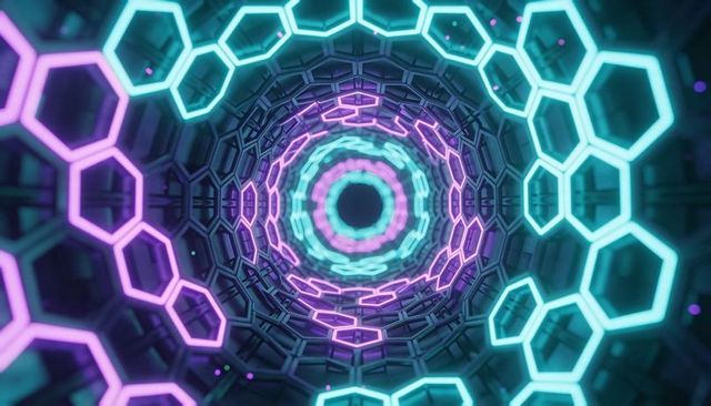 Neon hexagonal vortex tunnel with cyan and magenta rings pulling view into dark void