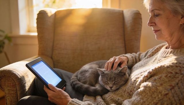 Senior woman reading on e-reader while petting sleeping cat in sunlit armchair with knit sweater