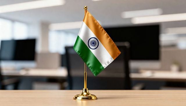 Desk-mounted indian flag rippling on modern open-plan office desk with gold base