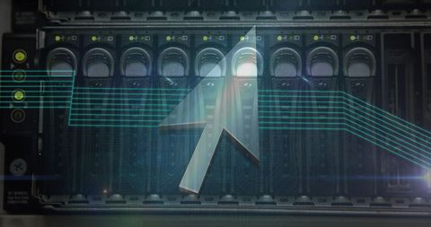 Digital analysis: arrow and light trails over computer server