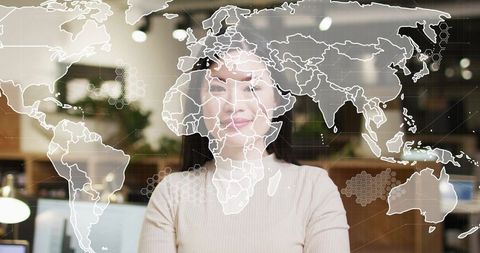 Businesswoman Using Digital World Map Interface Technology