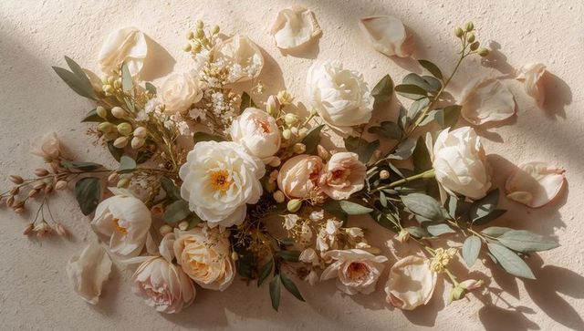 Cream blush garden roses peonies flatlay with eucalyptus foliage and soft shadows