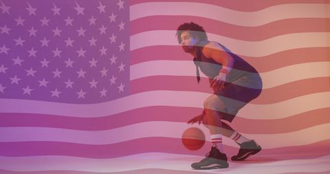 Patriotic Basketball Player with American Flag Overlay Driven by Passion