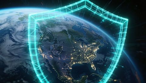 Shielding north america with neon wireframe shield over earth at night