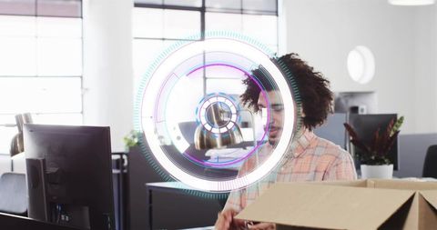 Unboxing tech gear in open-plan office with holographic ar interface and sleek workstation
