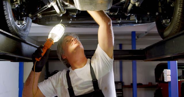 Mechanic Working Under Car Using Trouble Light in Workshop Garage - Download Free Stock Images Pikwizard.com