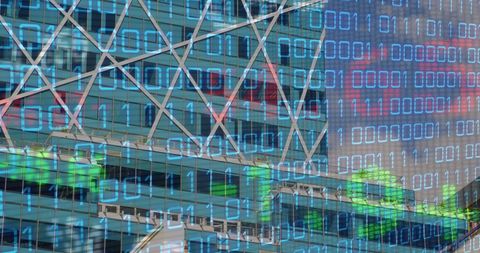 Digital interface over cityscape with data processing elements