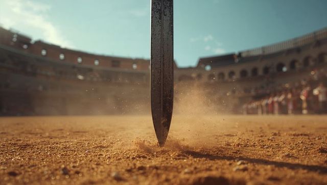 Iron sword sinking into sunlit arena sand with dust burst and colosseum crowd