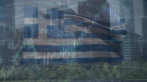 Greek Flag with Stock Market Data Overlay and Cityscape