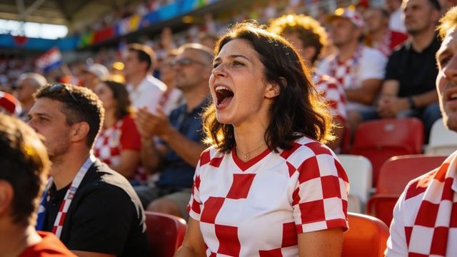 Passionate fan cheering in red-and-white checkered jersey at crowded stadium stands