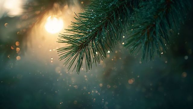 Serene Pine Branch Glowing at Sunrise with Dew Droplets