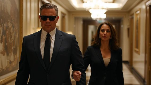 Sunglassed bodyguard escorting executive woman walking through luxury hotel corridor