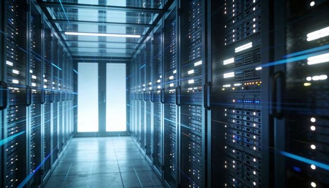 Running Server Racks in Data Center Corridor with Blue Light Trails and Blinking LEDs