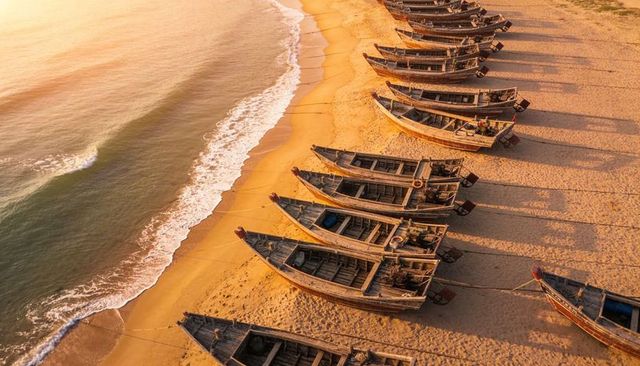 Wooden fishing boats lining golden beach at sunrise, aerial coastline pattern and shadows