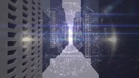 Futuristic urban corridor forming around rotating network sphere with data grid and flare