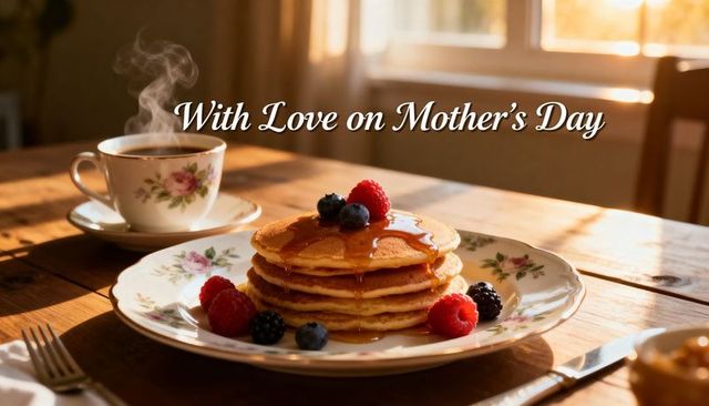 Sunlit mother's day breakfast stack with syrup-drizzled pancakes, berries and china teacup